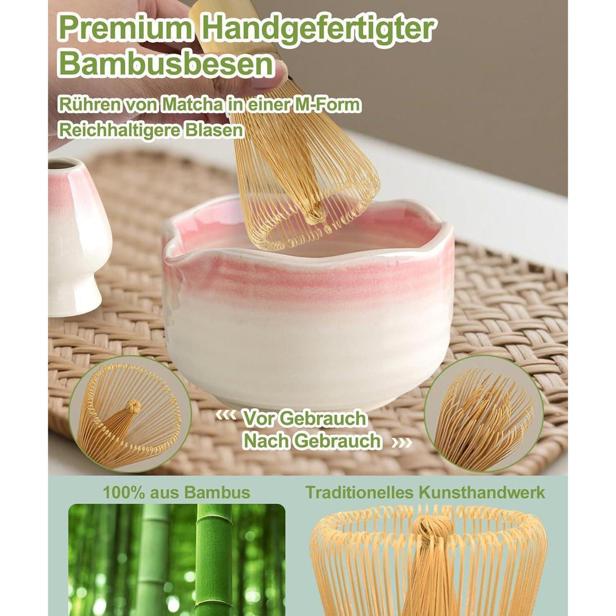 Matcha Set 7-teilig | Handgefertigter Bambus Besen & Keramik Schale