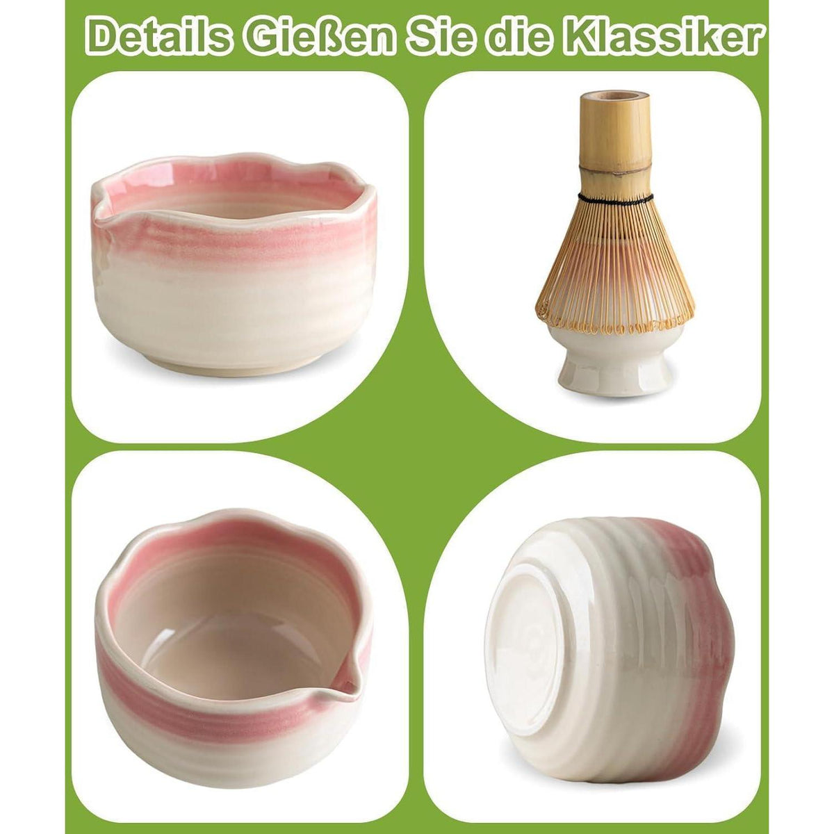 Matcha Set 7-teilig | Handgefertigter Bambus Besen & Keramik Schale