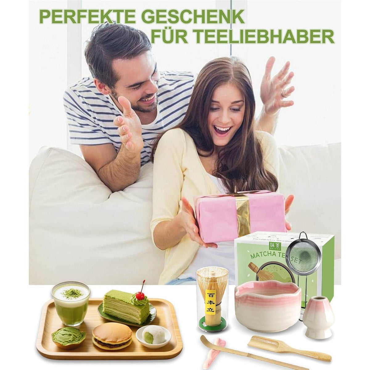 Matcha Set 7-teilig | Handgefertigter Bambus Besen & Keramik Schale