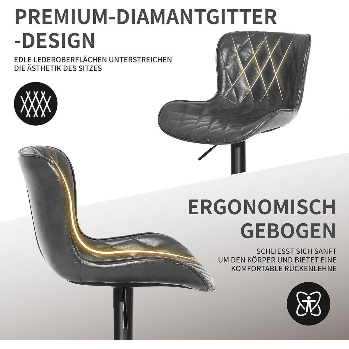Verstellbare Barhocker Set (3x) – Dunkelgrau, Fußstütze in Lederoptik