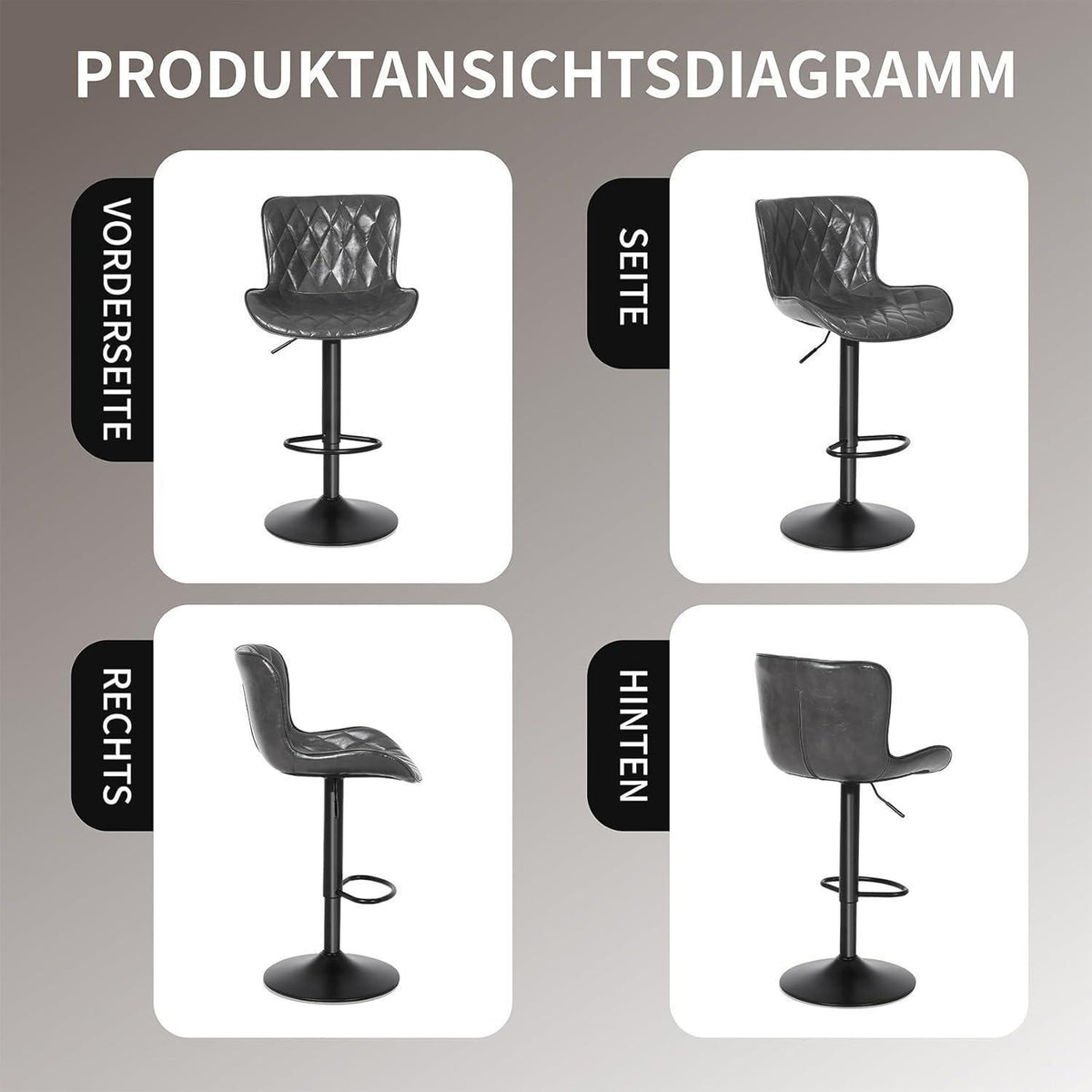 Verstellbare Barhocker Set (3x) – Dunkelgrau, Fußstütze in Lederoptik