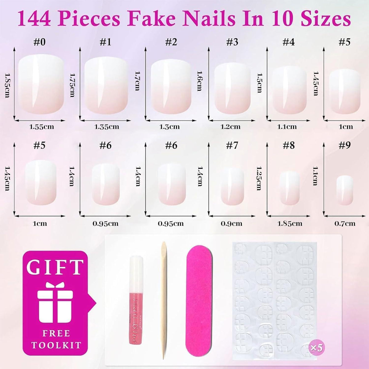 144 kurze Ombre Press-on-Nägel Weiß Pink Damen Nagelset