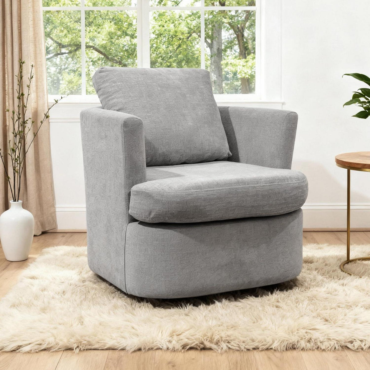 Drehsessel Grau, Chenille Sessel mit Kissen & 360° Funktion