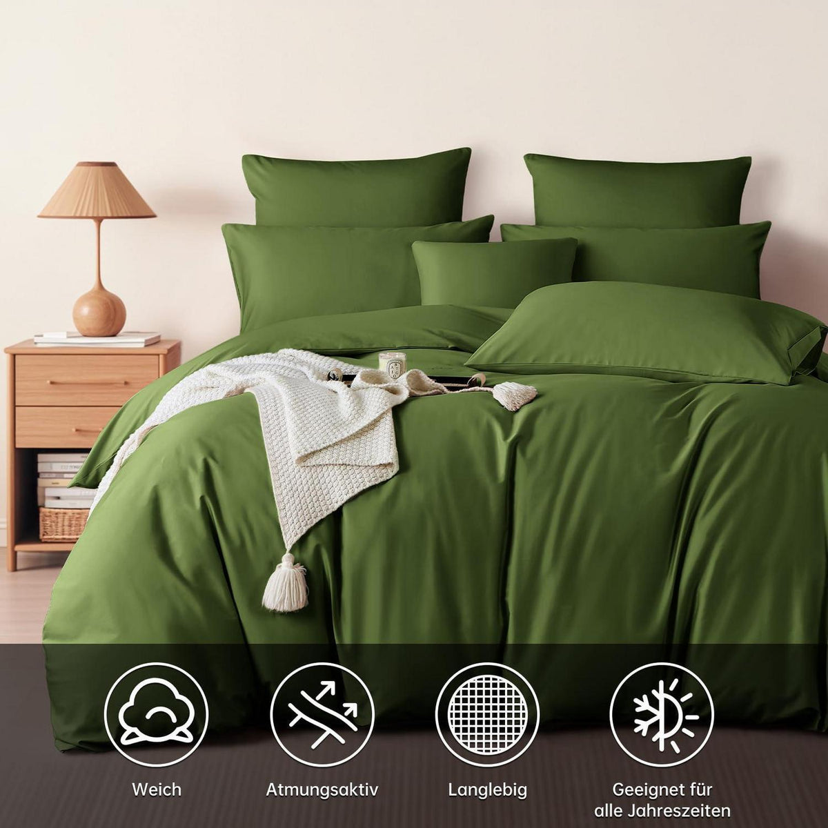 Olivgrüne Bettwäsche Set 200x220 cm Mako Satin Baumwolle