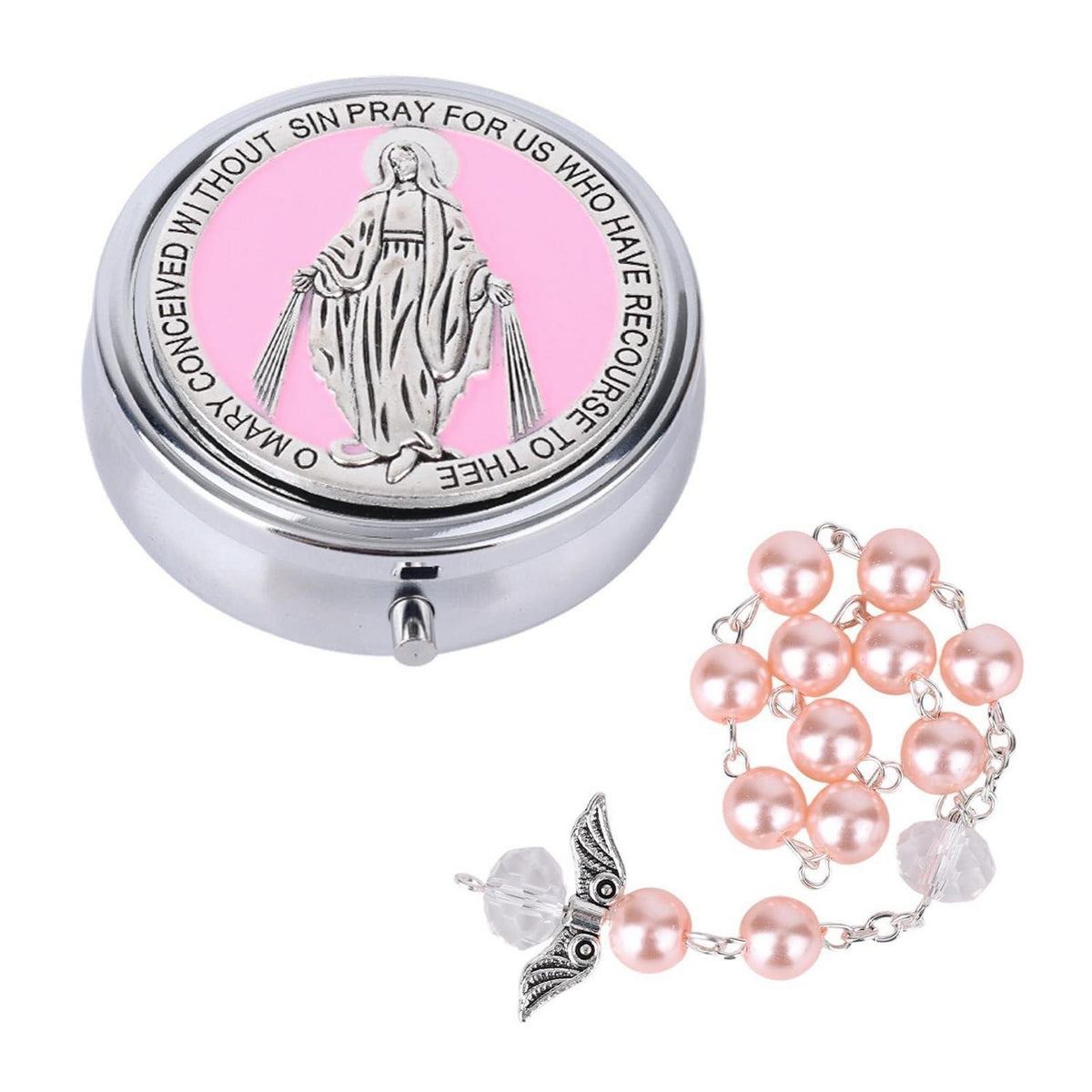 Rosenkranz Taufgeschenk mit Gedenkbox & Engelsflügel-Armband Rosa