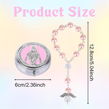 Rosenkranz Taufgeschenk mit Gedenkbox & Engelsflügel-Armband Rosa