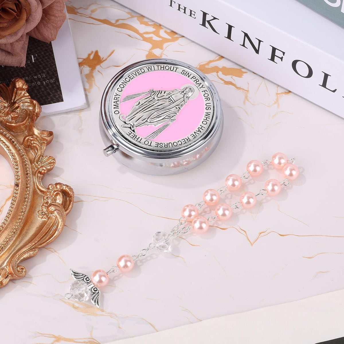 Rosenkranz Taufgeschenk mit Gedenkbox & Engelsflügel-Armband Rosa