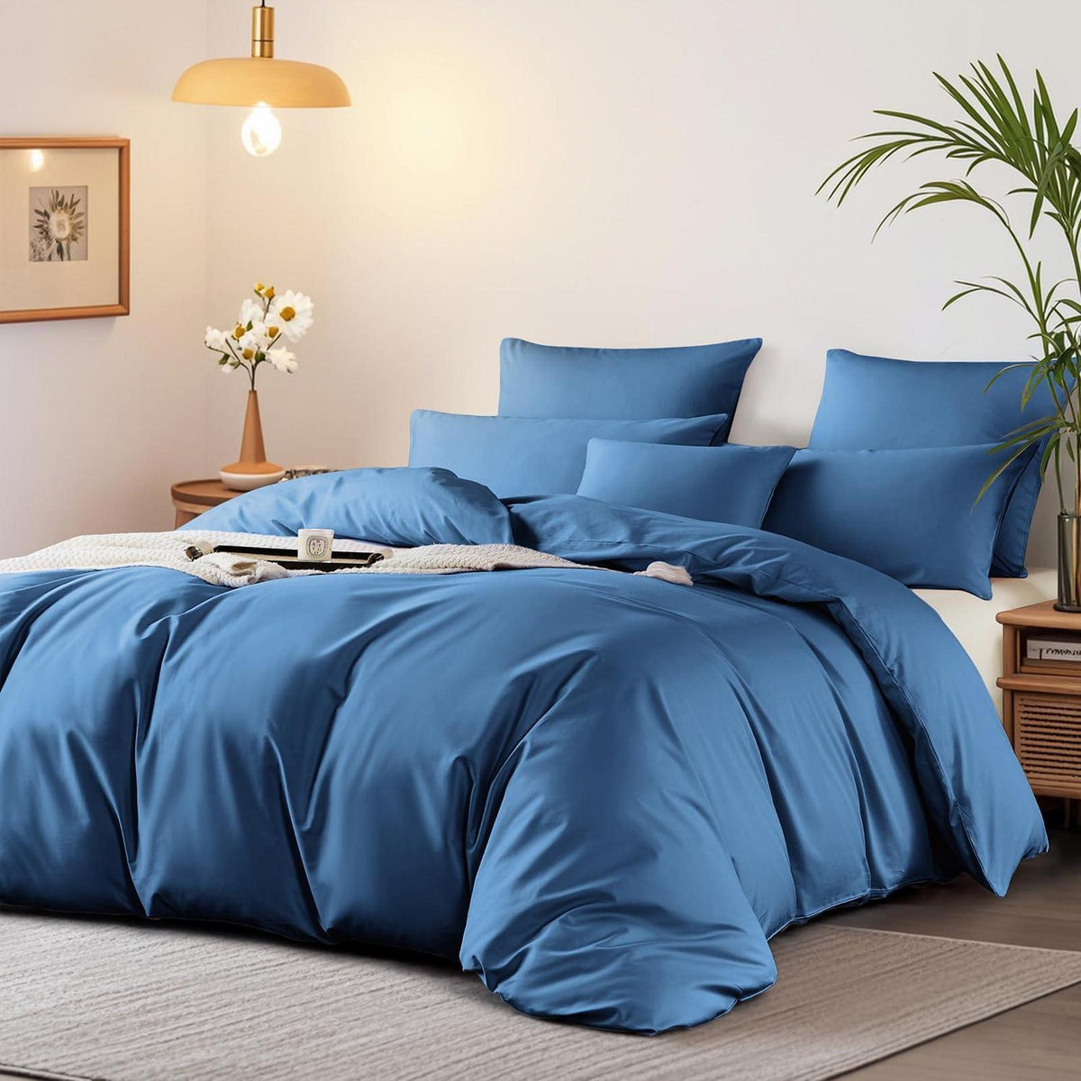 Satin Bettwäsche Set 200x200 cm Blau Mako Baumwolle