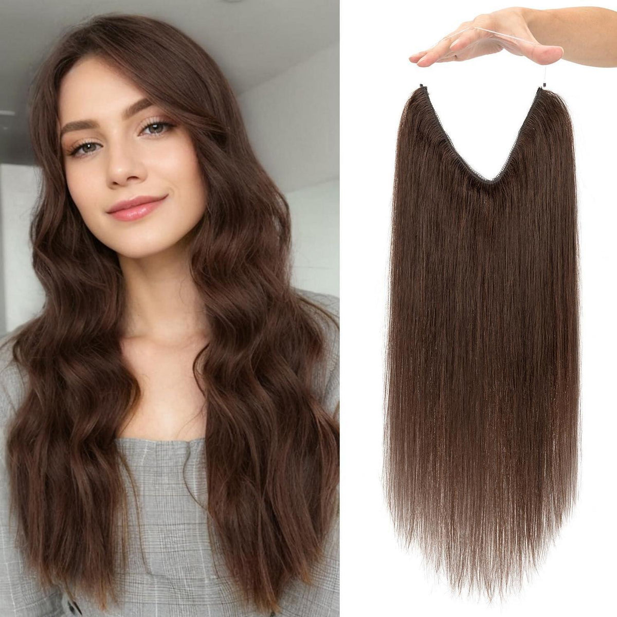 Echthaar Halo Extension dunkelbraun 50cm – Verstellbar & Unsichtbar