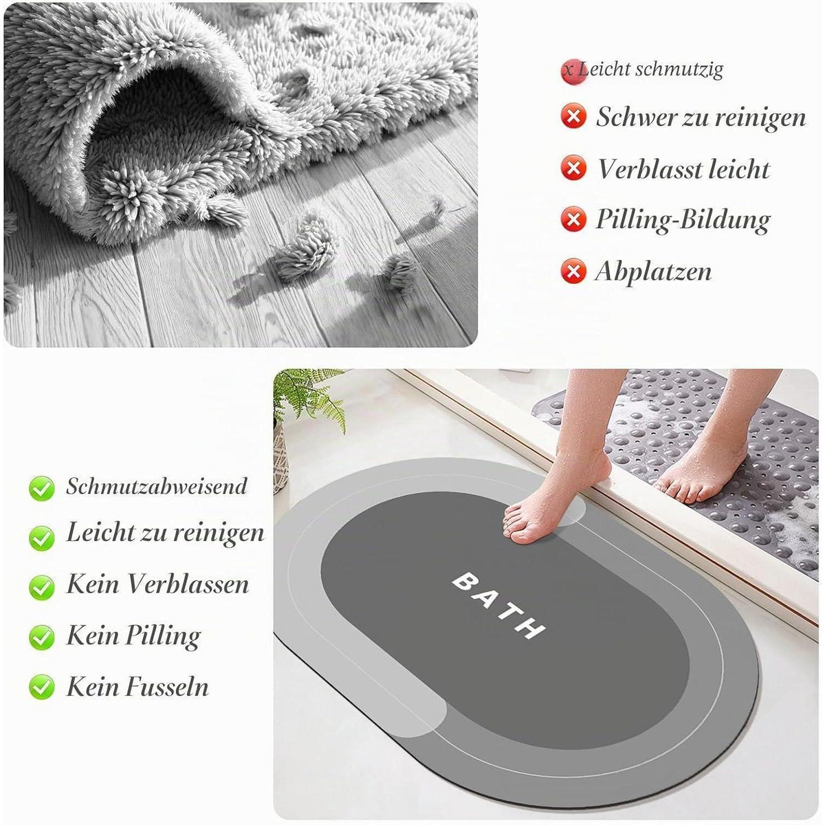 Rutschfeste Badematte Grau 60x150cm – Schnelltrocknend & Saugfähig