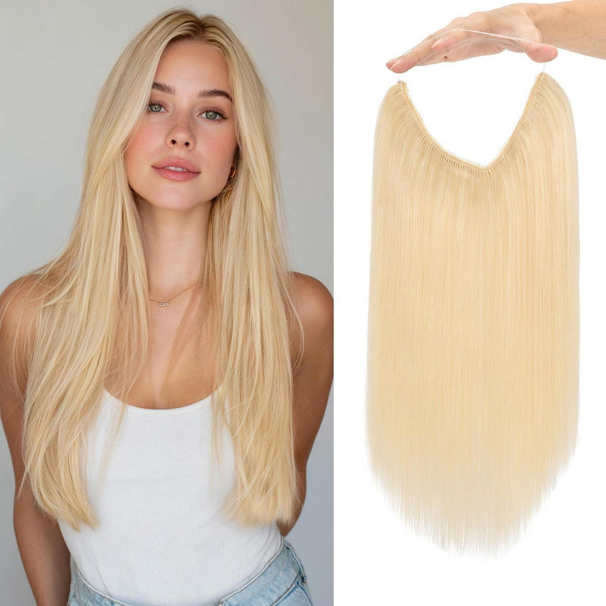 Echthaar Halo Extension Platinblond 45cm – Verstellbar & Unsichtbar
