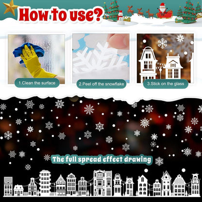Weihnachts Fensterbilder Schneeflocken & Häuser Deko Aufkleber