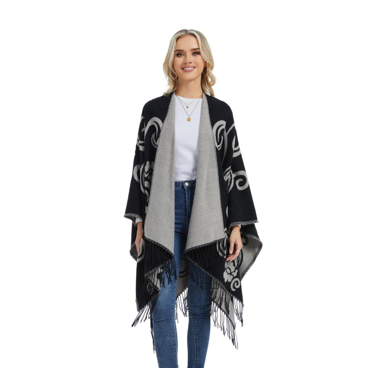 Poncho Strickjacke Damen Offene Front Schwarz Weiß | Übergroßer Schal-Pullover