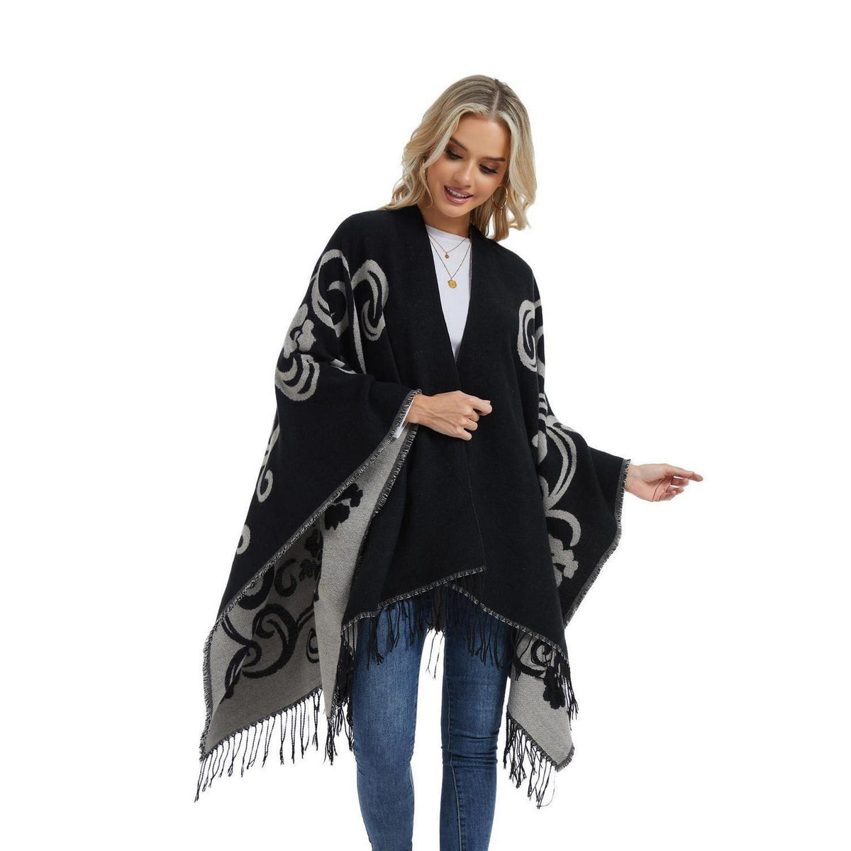 Poncho Strickjacke Damen Offene Front Schwarz Weiß | Übergroßer Schal-Pullover