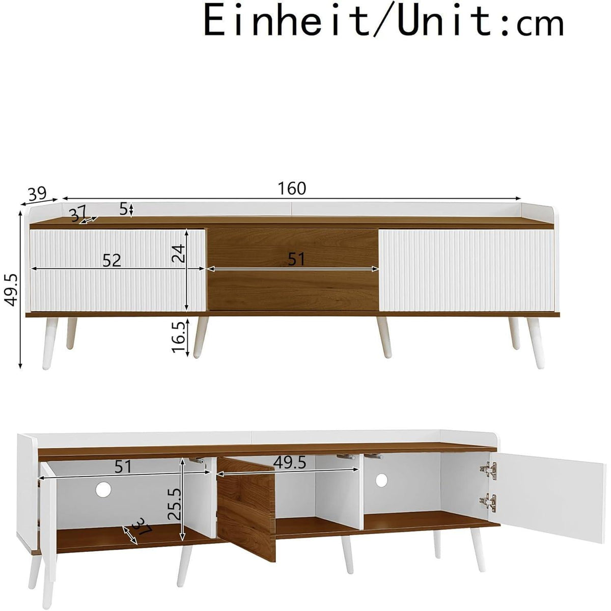 TV Lowboard Weiß & Holz mit 3 Türen (160x39x49,5cm)