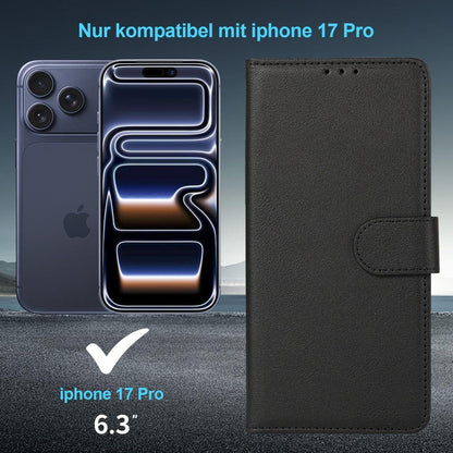iPhone 17 Pro Klapphülle in Lederoptik mit Kartenfach und Ständer Schwarz