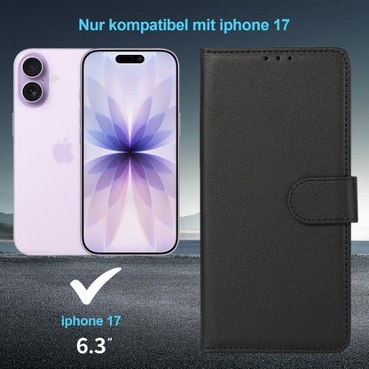 iPhone 17 Klapphülle aus Premium mit Kartenfach & Ständer Schwarz in Lederoptik