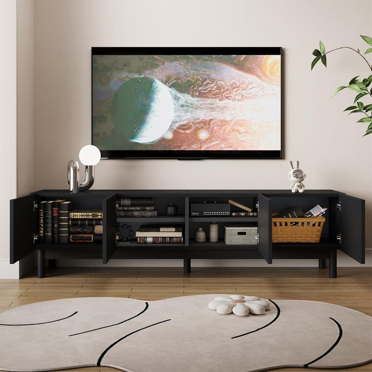 Schwarzer TV-Schrank mit Wellenförmigen Türen & Stauraum (169cm)