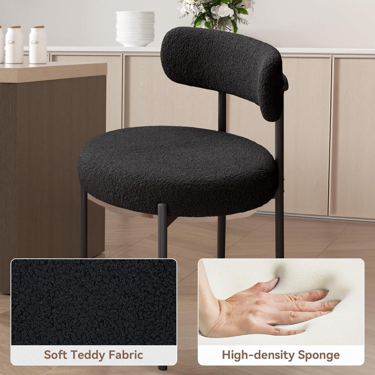 Teddy Stoff Esszimmerstühle 2er Set – Bouclé & Mid-Century Design