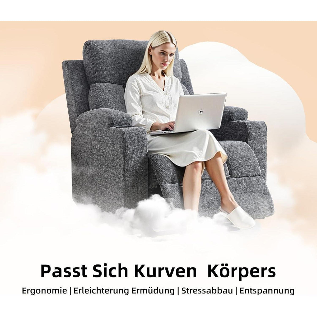 Manueller Relaxsessel mit Liegefunktion & Getränkehalter - Dunkelgrau