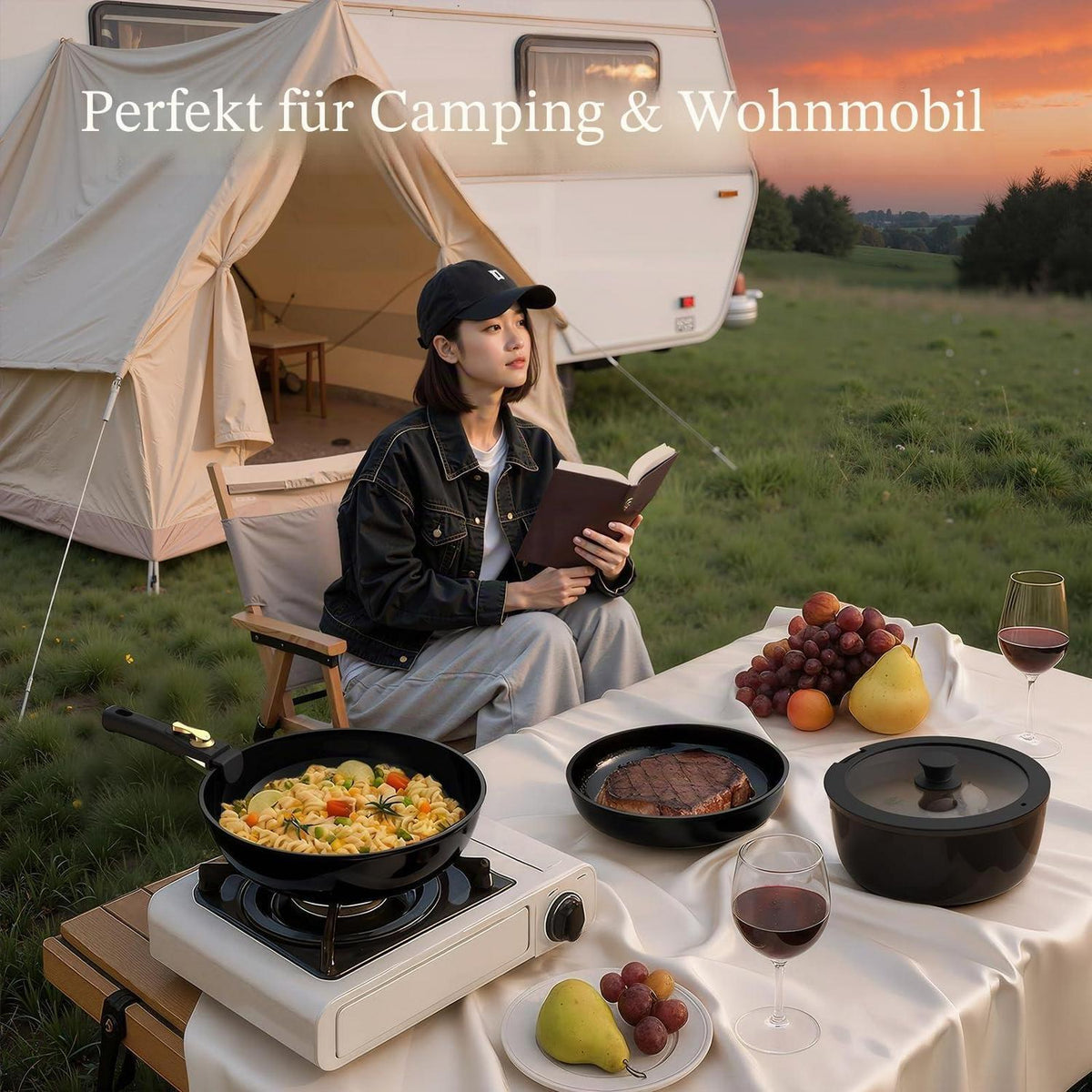 Non-Stick Kochgeschirr Set mit Abnehmbaren Griffen – Ideal für Camping & kleine Küchen