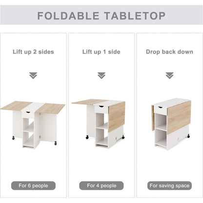 Klapptisch mit Schublade und Rollen, Eiche & Weiß
