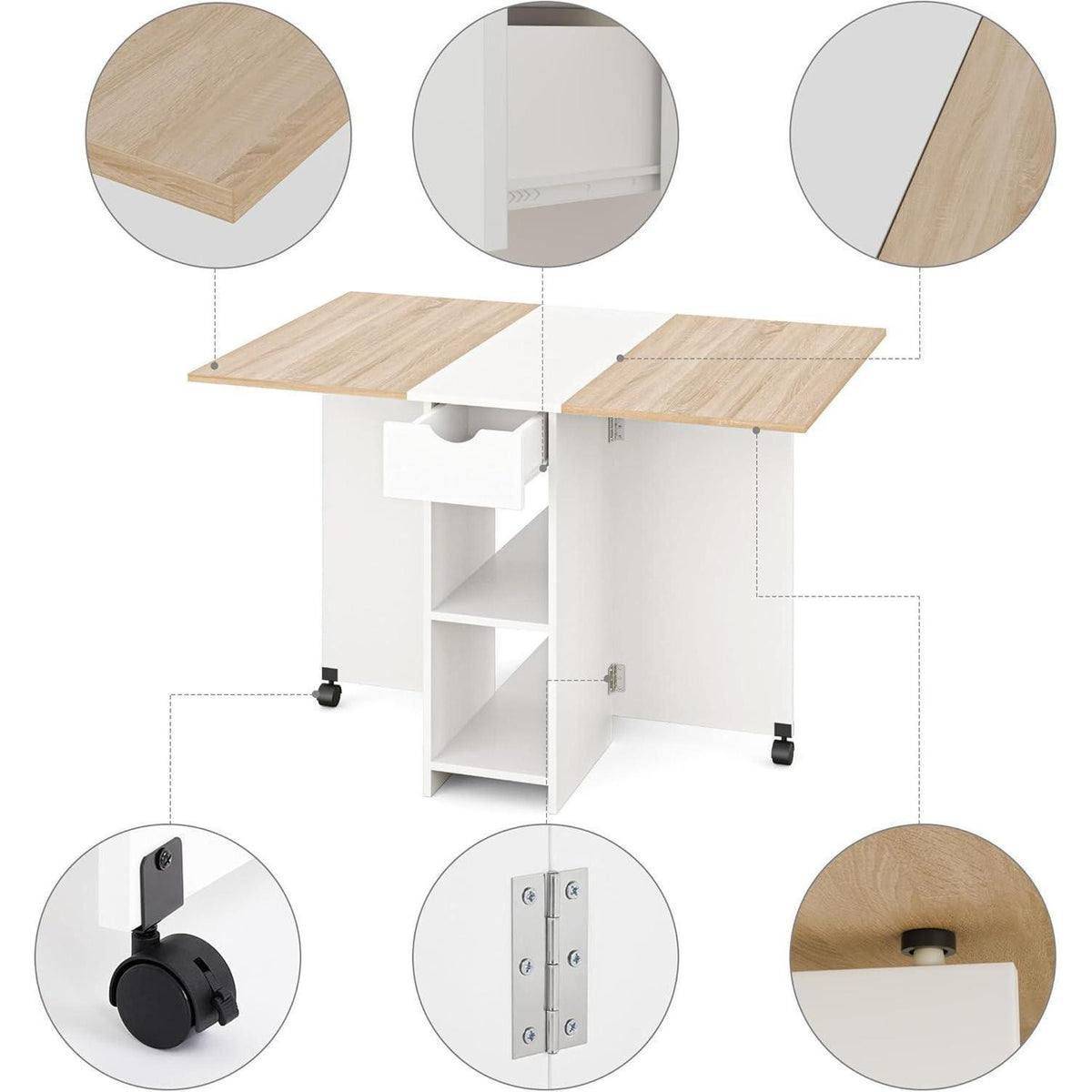 Klapptisch mit Schublade und Rollen, Eiche & Weiß