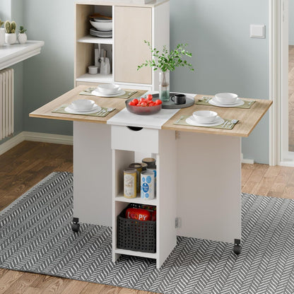 Klapptisch mit Schublade und Rollen, Eiche & Weiß