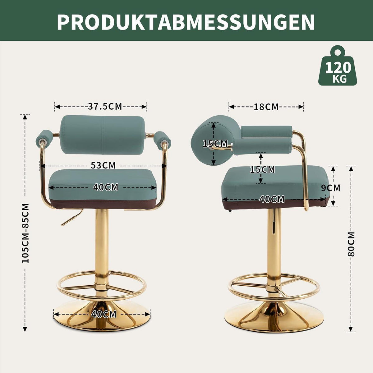 Vigosit Barhocker Set Höhenverstellbar, Drehbar & Gepolstert, Grün