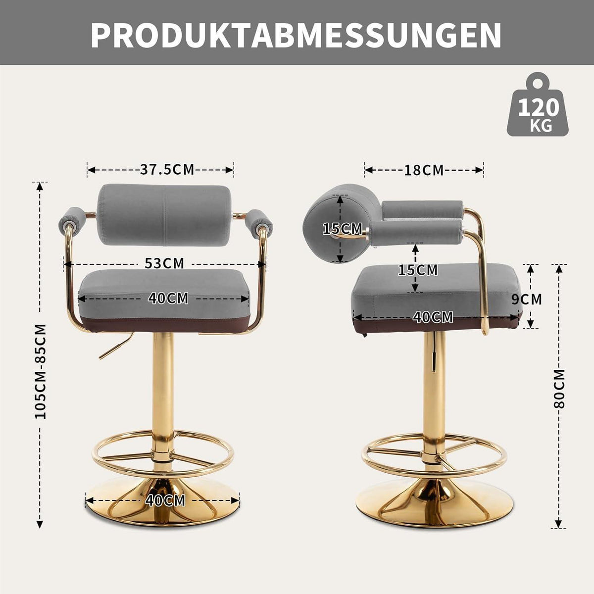 Vigosit Barhocker Set Höhenverstellbar, Grau – Komfortabler Tresenhocker mit Lehne