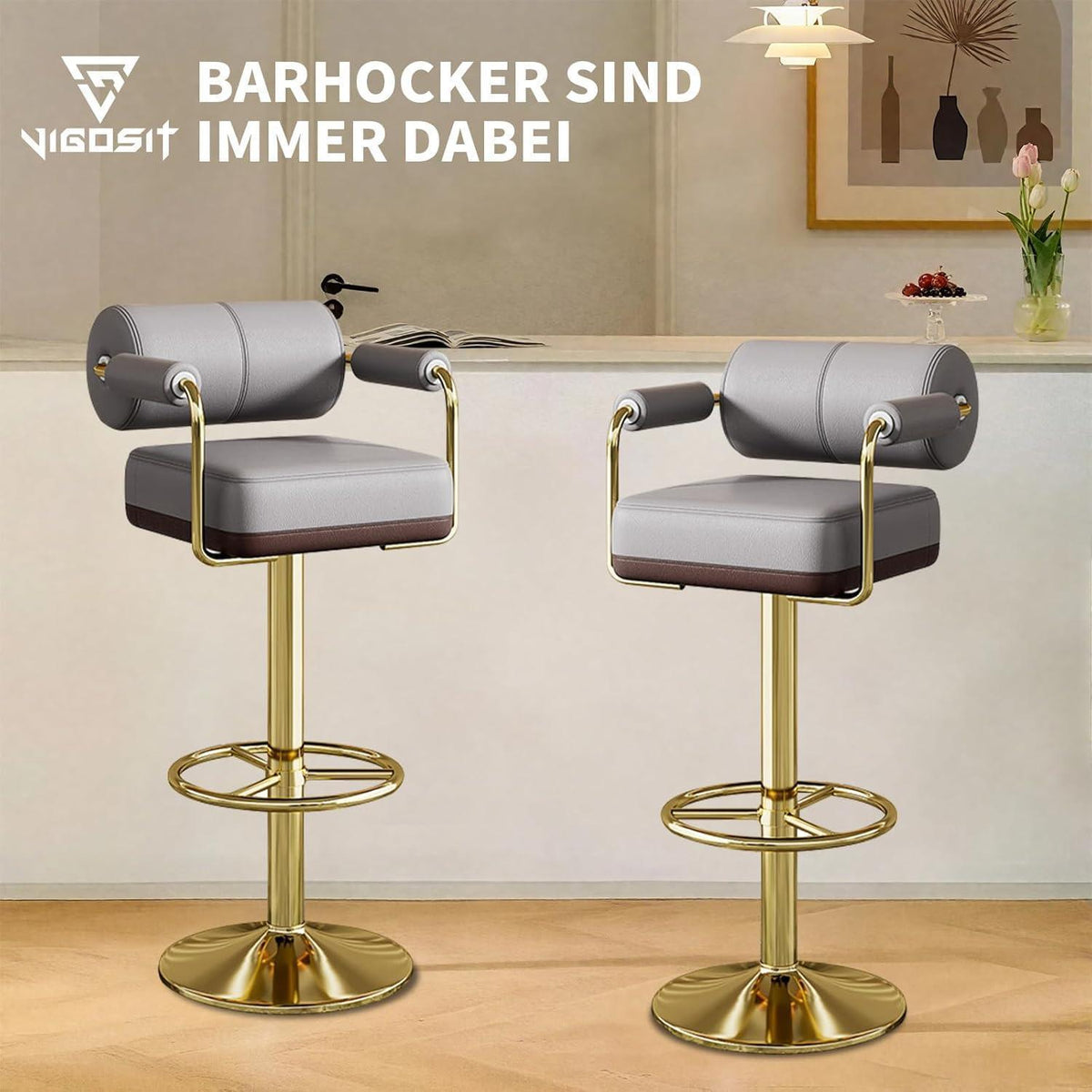 Vigosit Barhocker Set Höhenverstellbar, Grau – Komfortabler Tresenhocker mit Lehne