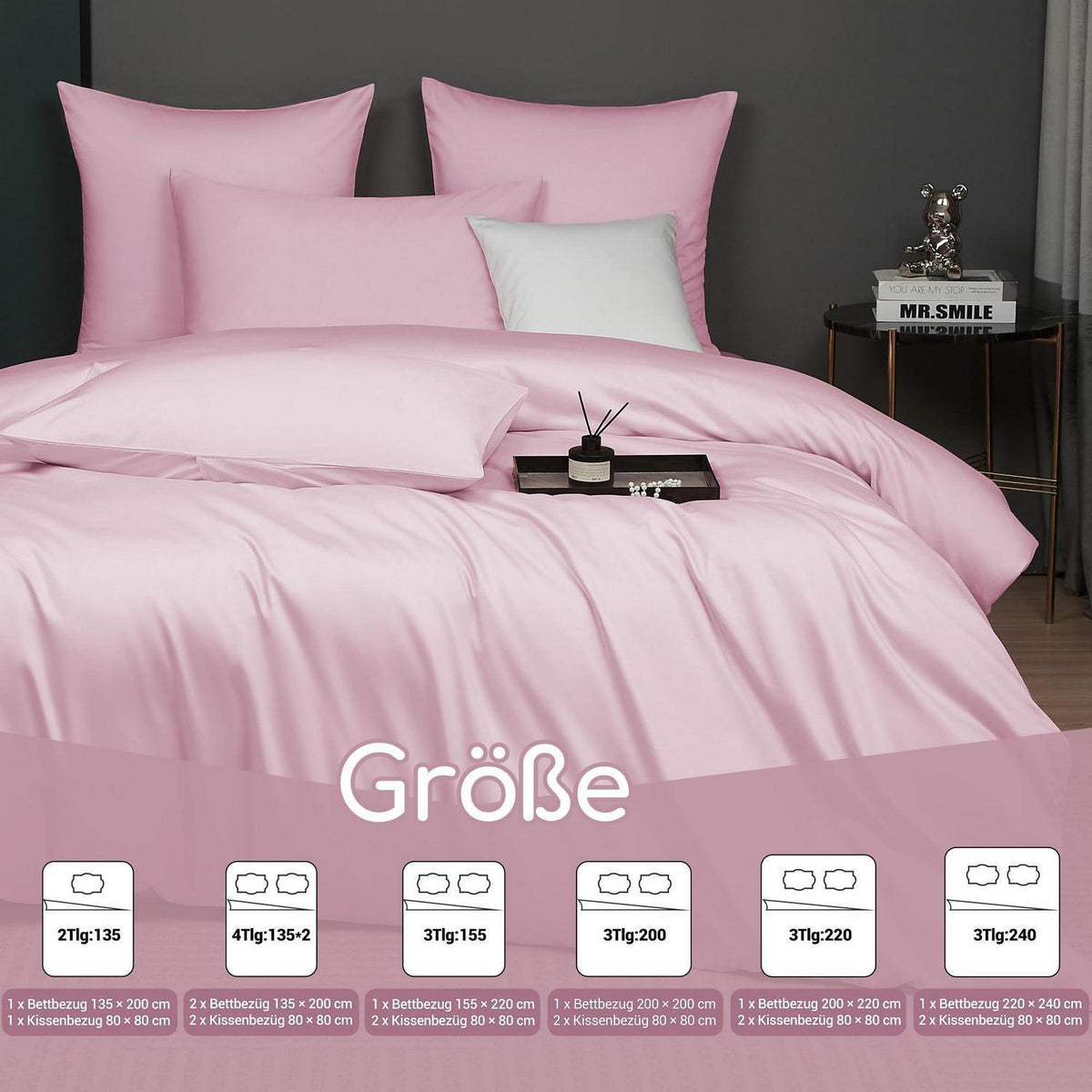 Mako Satin Bettwäsche Set Rosa 220x240 cm | 3-teilig