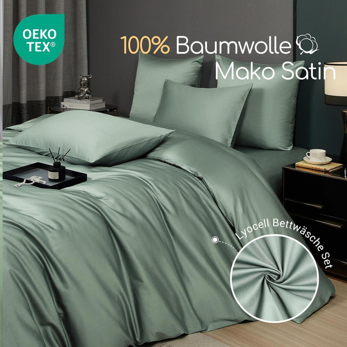 Mako Satin Bettwäsche 135x200, Grün-Salbeigrün, 4-teilig