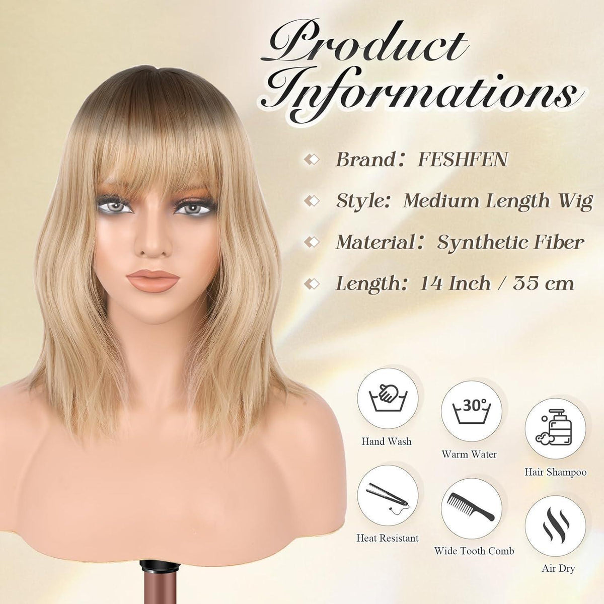 Welliges Bob Perücke mit Pony, Blond Ombre, 35cm Schulterlang