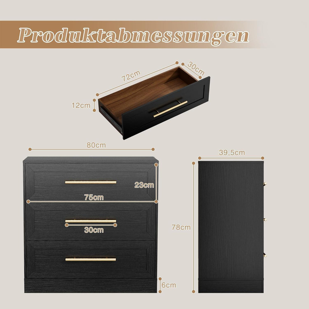 3 Schubladen Kommode Schwarz - Modernes Sideboard für Schlafzimmer