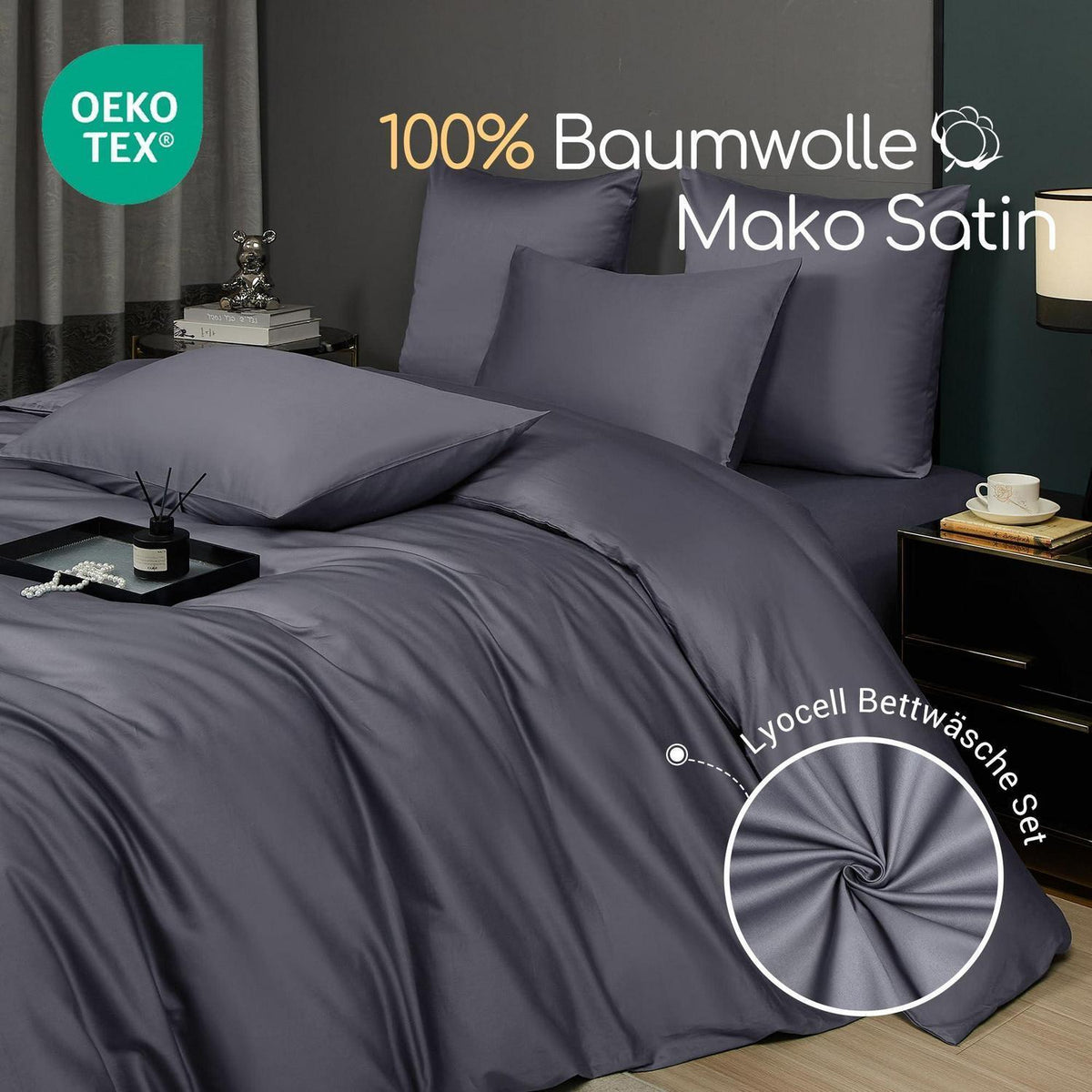 Mako Satin Bettwäsche Set 135x200 Hellgrau Anthrazit