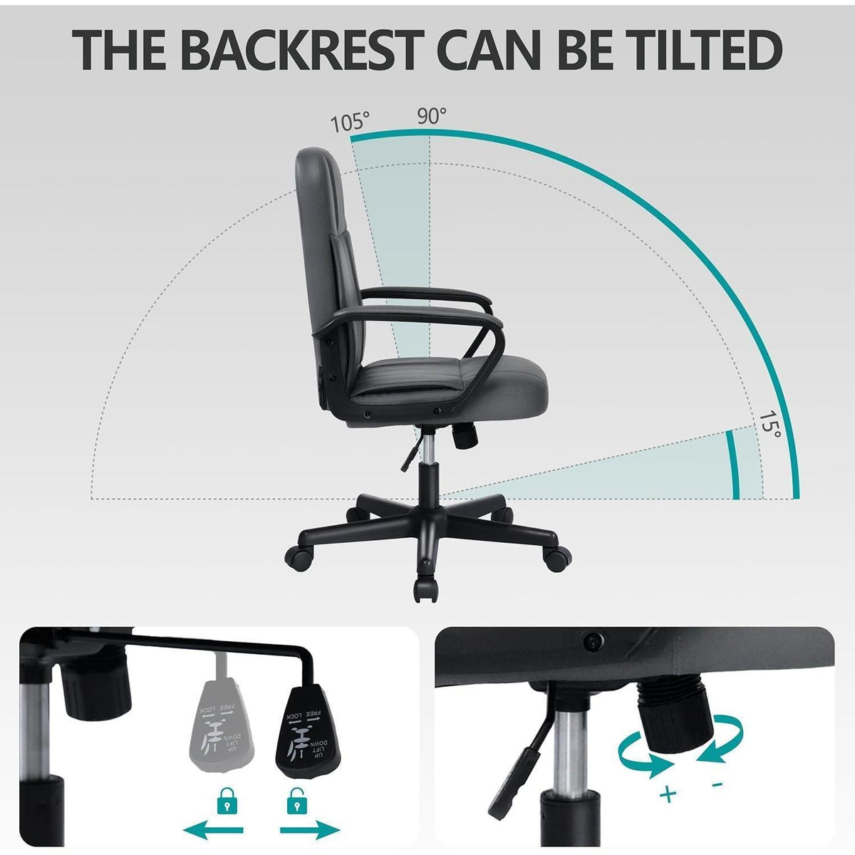 Ergonomischer Bürostuhl in Lederoptik, höhenverstellbar, grau
