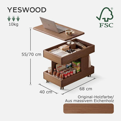 Massivholz Couchtisch Eiche, Höhenverstellbar & Drehbare Tischplatte
