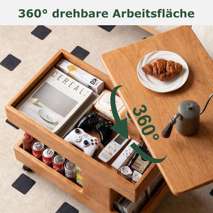 Massivholz Beistelltisch mit Rollen & Stauraum (Kirschbaum)