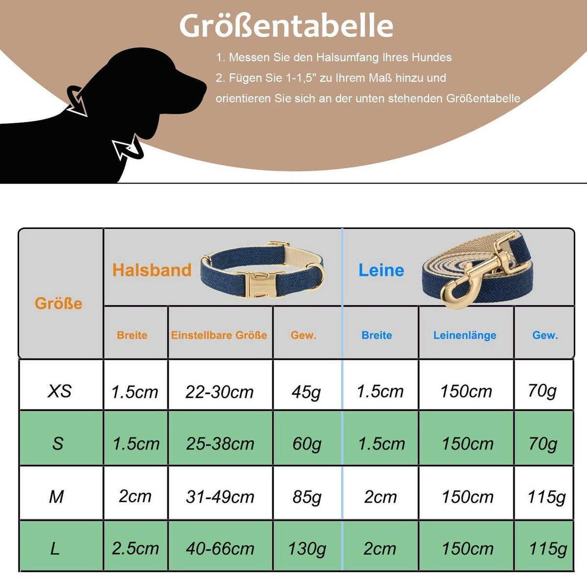Hundehalsband & Leine Set Klein, Baumwolle, Marineblau