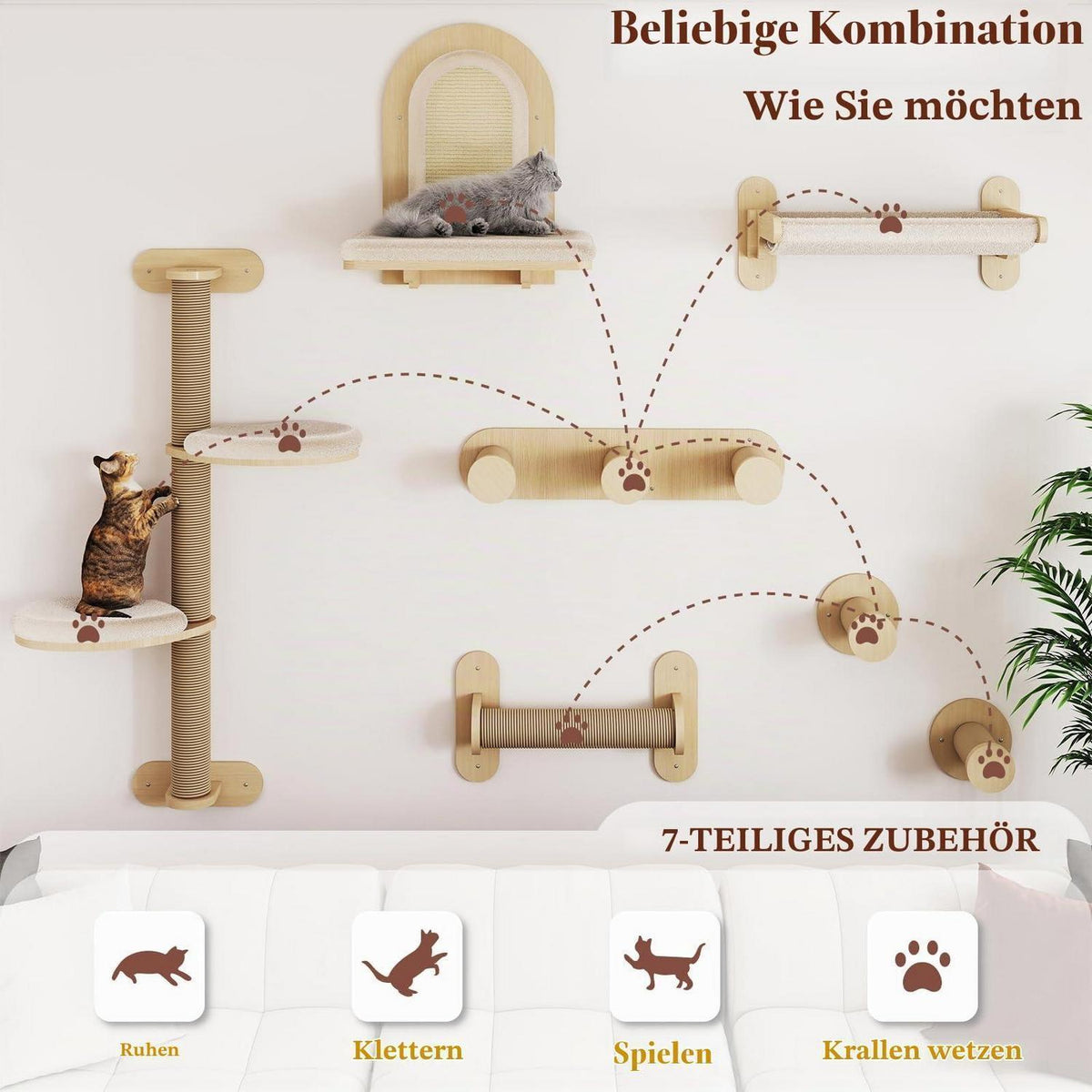 7-teiliges Katzen-Wandregal aus Holz mit Kratzbaum