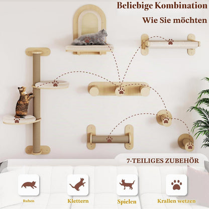 7-teiliges Katzen-Wandregal aus Holz mit Kratzbaum