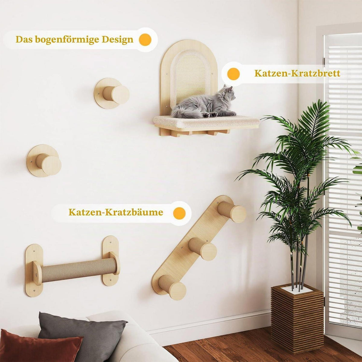 7-teiliges Katzen-Wandregal aus Holz mit Kratzbaum