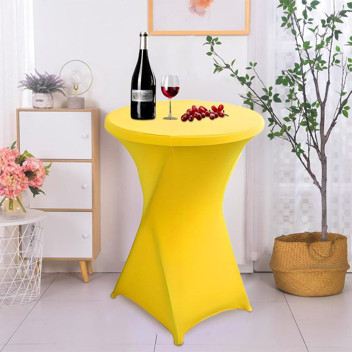 Gelbe Stehtischhusse 2er-Set, Ø 80-85 cm, Stretch & Fußtaschen