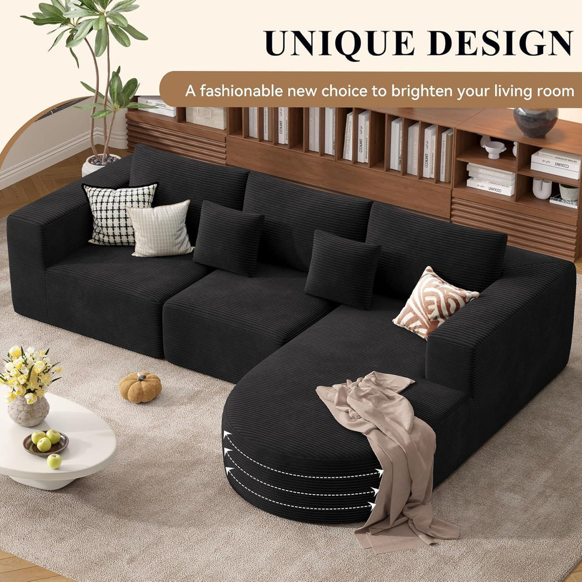 Hawthyhome Ecksofa mit Schlaffunktion, Cordstoff, Schwarz