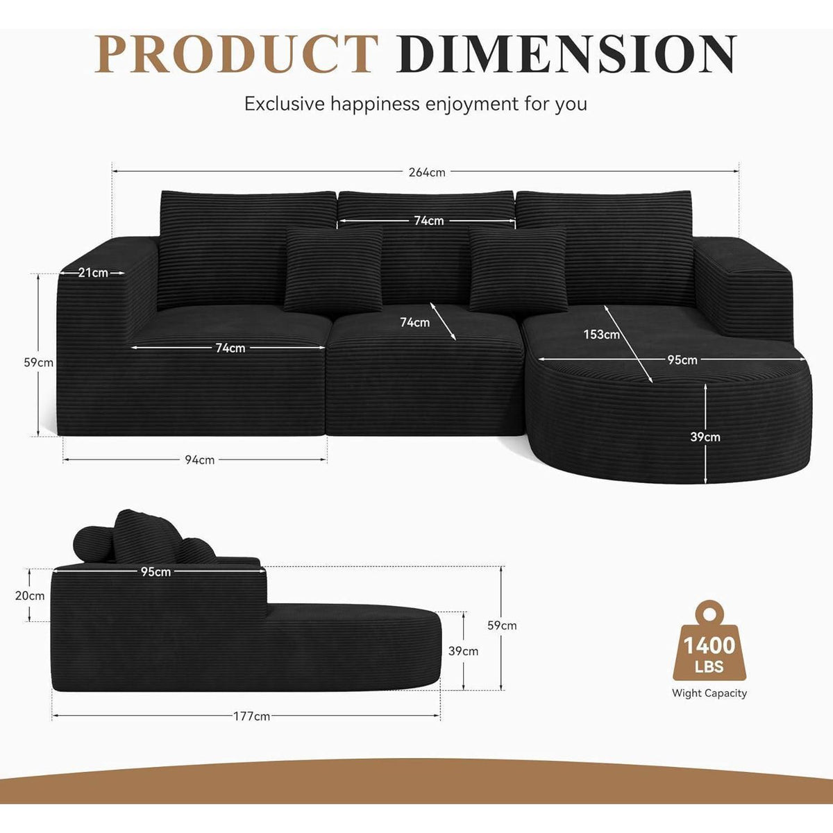 Hawthyhome Ecksofa mit Schlaffunktion, Cordstoff, Grau, Rechts-Chaiselongue