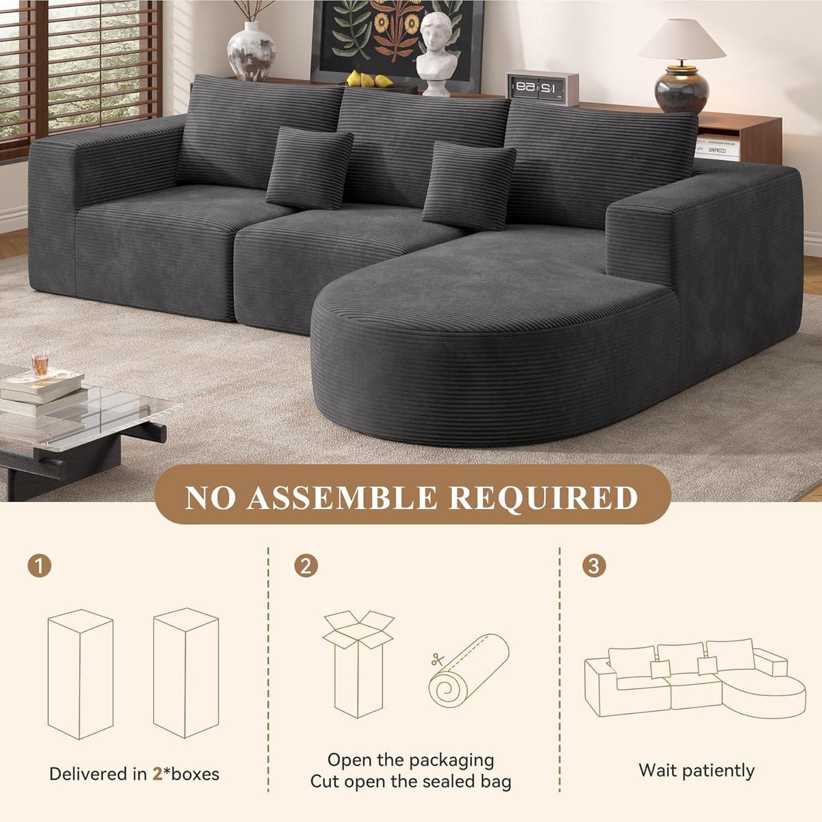Hawthyhome Ecksofa mit Schlaffunktion, Cordstoff, Grau, Rechts-Chaiselongue