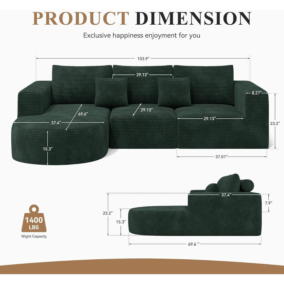 Ecksofa mit Schlaffunktion, rahmenlos, Cordstoff, Grün