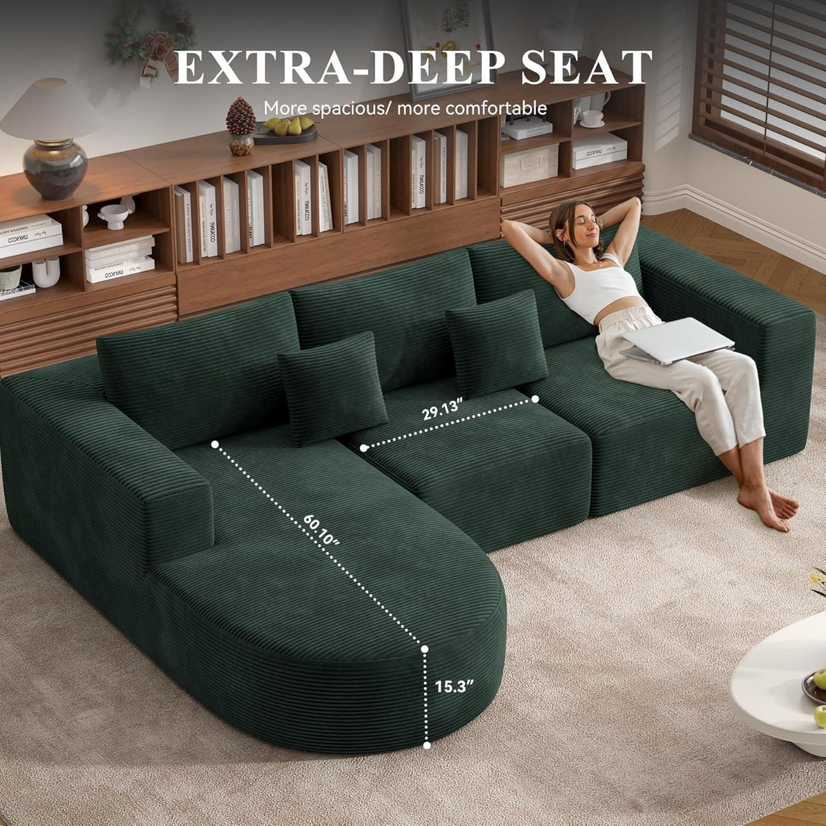 Ecksofa mit Schlaffunktion, rahmenlos, Cordstoff, Grün
