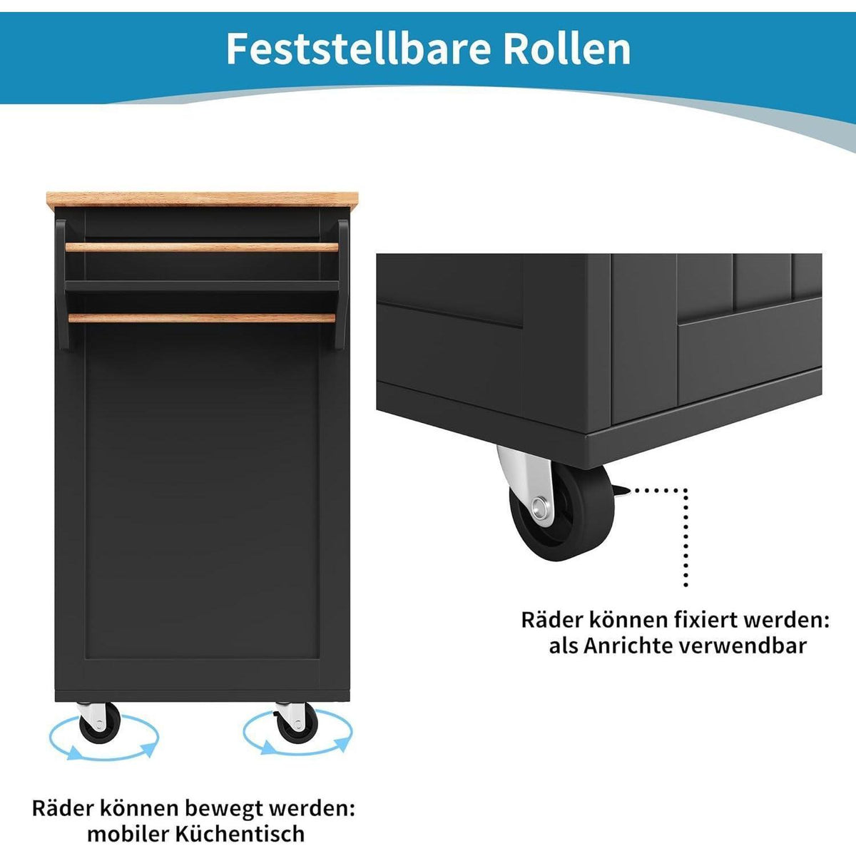 Klappbarer Küchenwagen mit Weinregal & Rollen (Schwarz)